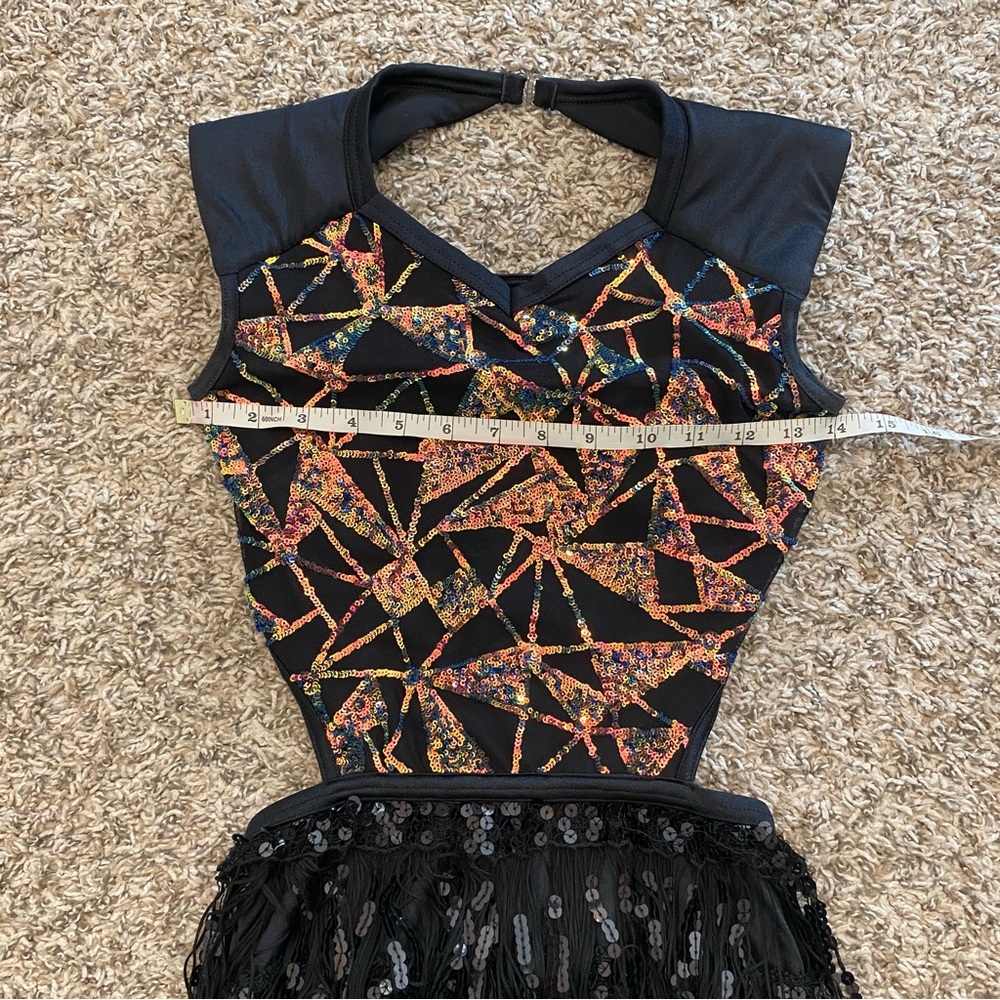 Weissman Black Dress with Multicolor Geometric Sequin Bodice and Fringe Skirt - Picture 5 of 9